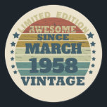 Personalised vintage 65th birthday party classic round sticker<br><div class="desc">This vintage classic graphic design with awesome typography font lettering can add originality to your wardrobe collection. It is a great gift idea for men, women, husbands, wives, girlfriends, and boyfriends who will love this one-of-a-kind artwork. It is the best and most funny holiday present for your happy birthday party....</div>