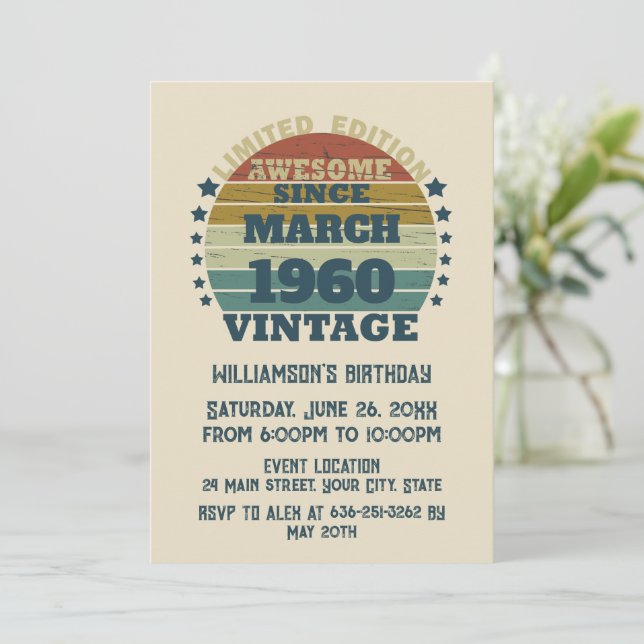 Personalised vintage 65th birthday party invitation (Standing Front)