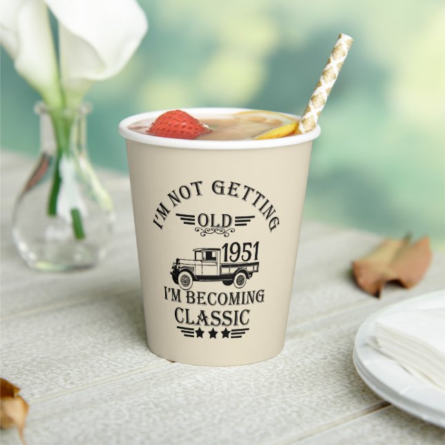 Personalised vintage 65th birthday party paper cups (Insitu)