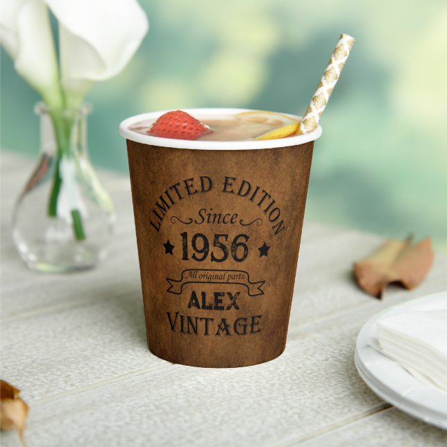 Personalised vintage 65th birthday party paper cups (Insitu)