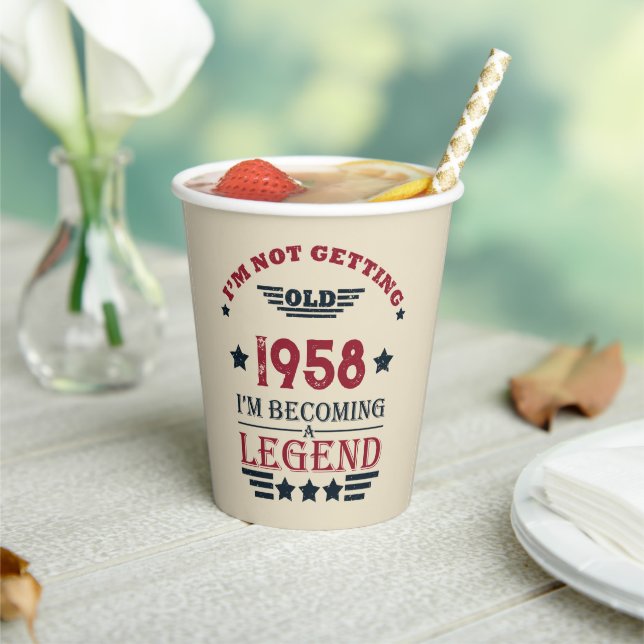 Personalised vintage 65th birthday party paper cups (Insitu)