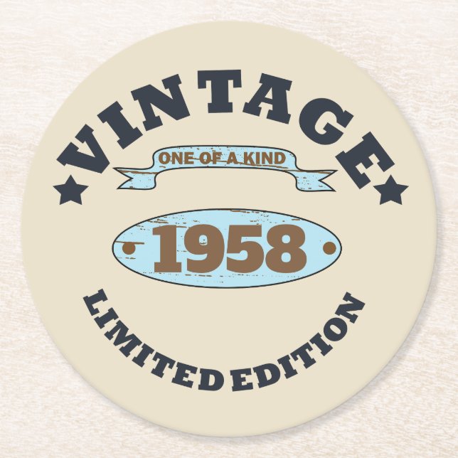 Personalised vintage 65th birthday party round paper coaster (Front)