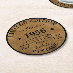 Personalised vintage 65th birthday party round paper coaster