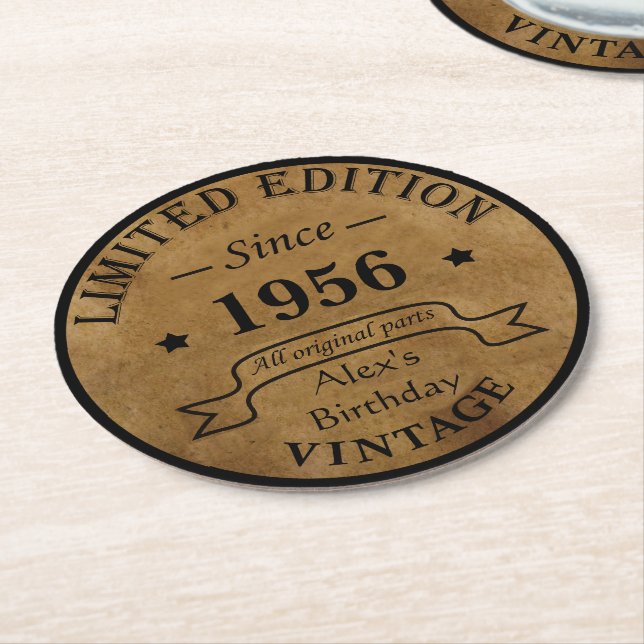 Personalised vintage 65th birthday party round paper coaster (Angled)