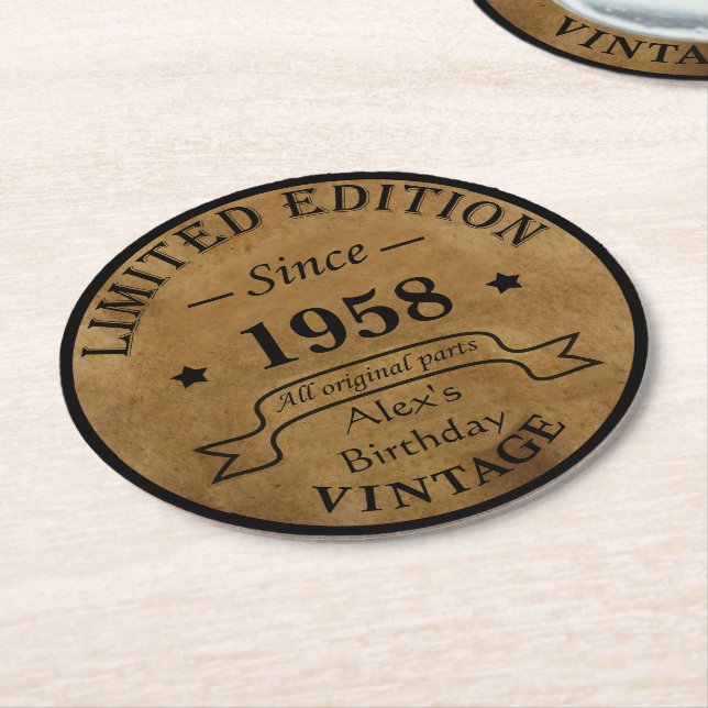 Personalised vintage 65th birthday party round paper coaster (Angled)