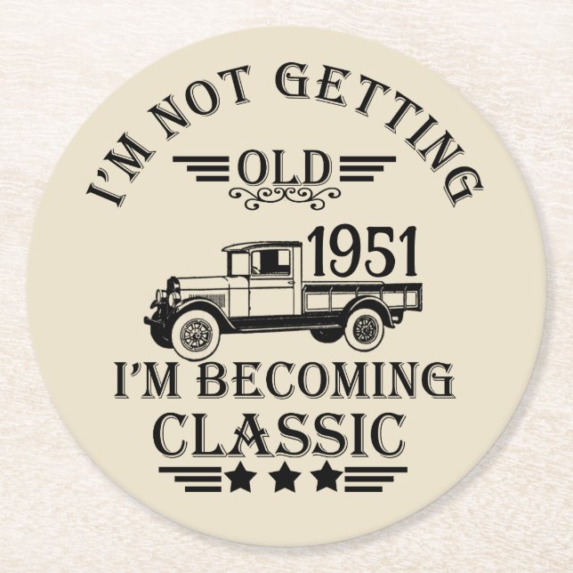 Personalised vintage 65th birthday party round paper coaster (Front)