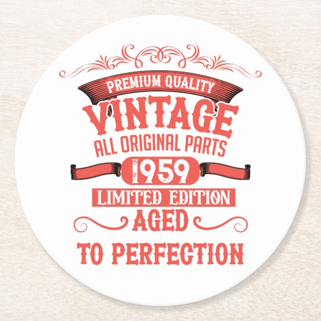 Personalised vintage 65th birthday party round paper coaster (Front)