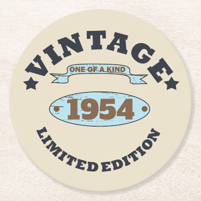 Personalised vintage 70th birthday round paper coaster (Front)