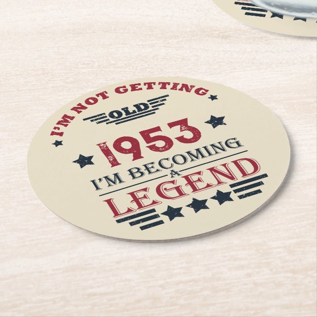 Personalised vintage 70th birthday round paper coaster (Angled)
