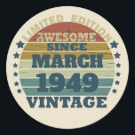 Personalised vintage 75th birthday party classic round sticker<br><div class="desc">Add some originality with this limited edition,  premium-quality,  and unique vintage-looking birthday graphic design featuring cool typography. It's a great gift idea for men,  women,  husbands,  wives,  girlfriends,  and boyfriends who will appreciate this one-of-a-kind piece of art. A fun and memorable holiday gift for your birthday celebration.</div>