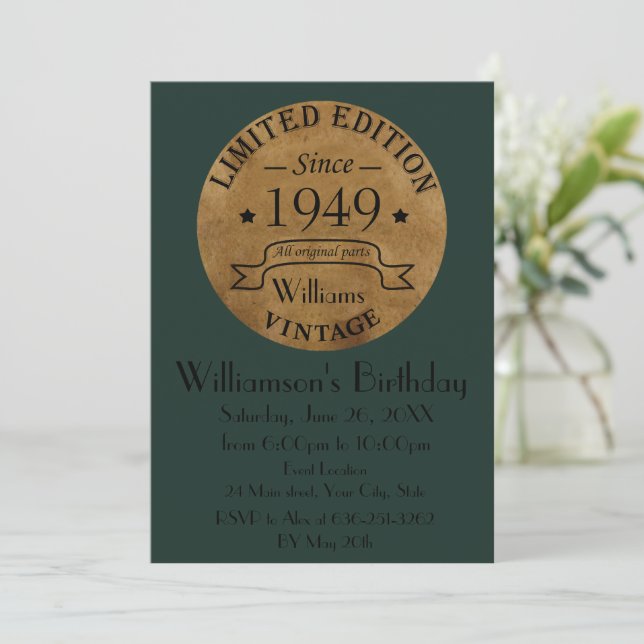 Personalised vintage 75th birthday party invitation (Standing Front)