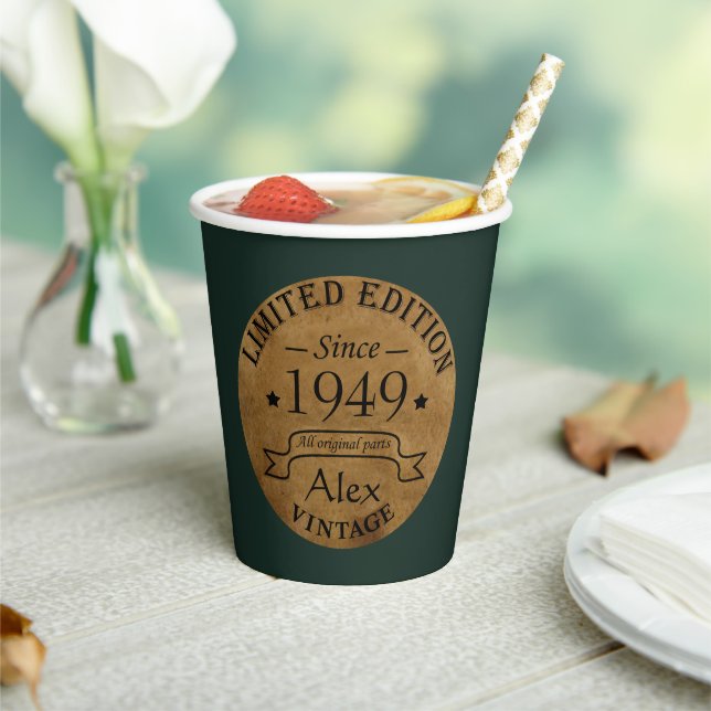 Personalised vintage 75th birthday party paper cups (Insitu)