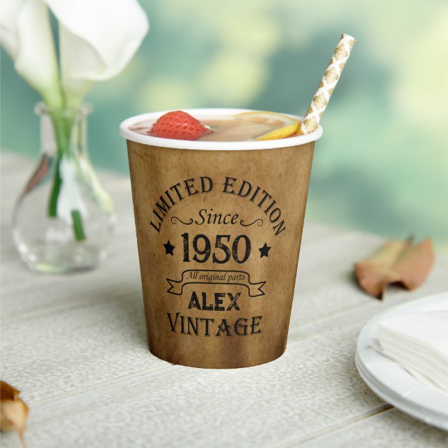 Personalised vintage 75th birthday party paper cups (Insitu)