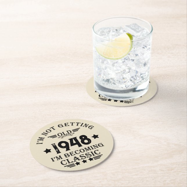 Personalised vintage 75th birthday party round paper coaster (Insitu)