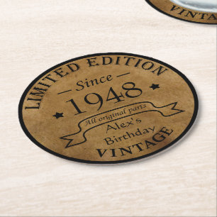 Personalised vintage 75th birthday party round paper coaster