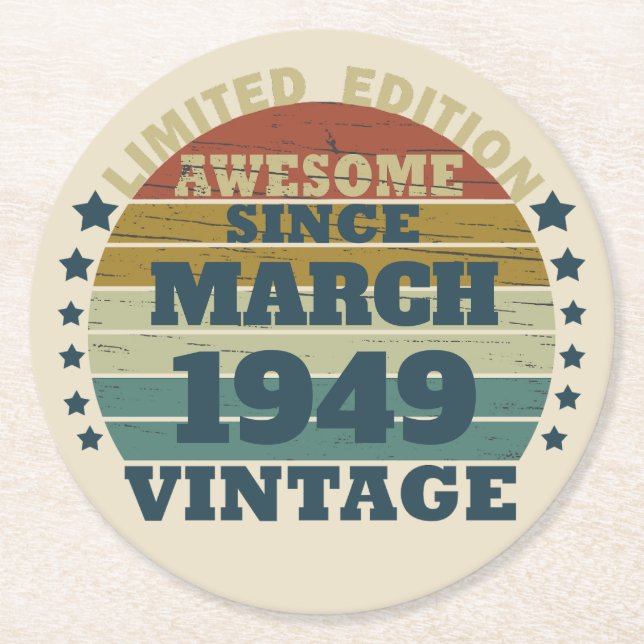 Personalised vintage 75th birthday party round paper coaster (Front)