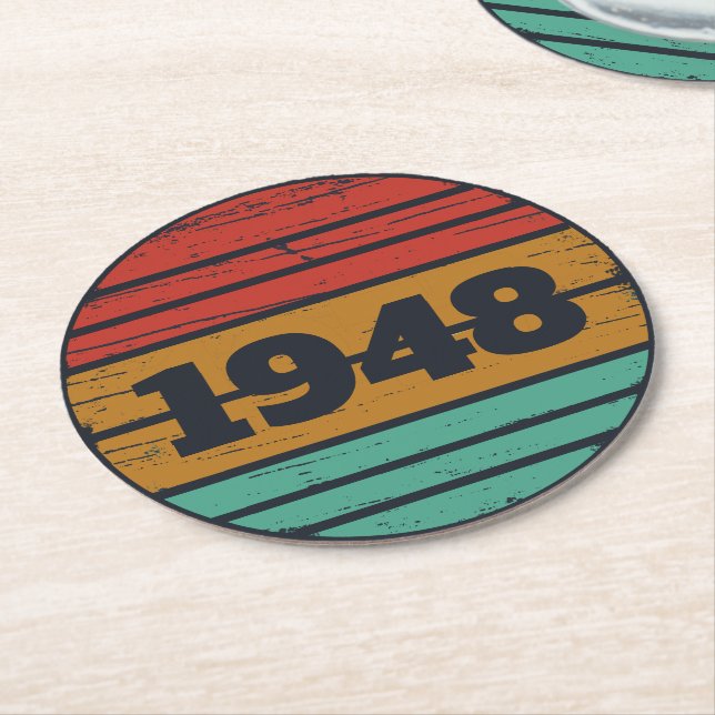 personalised vintage 75th birthday round paper coaster (Angled)
