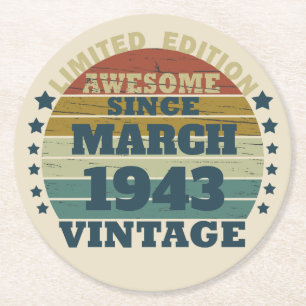 Personalised vintage 80th birthday gift round paper coaster