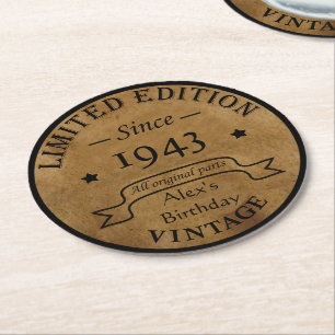 Personalised vintage 90th birthday gifts round paper coaster