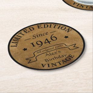 Personalised vintage 90th birthday gifts round paper coaster