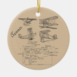 Personalised Vintage Aeroplane Sketches Ceramic Tree Decoration
