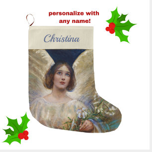 Personalised Vintage Angel and White Lily Flowers Large Christmas Stocking