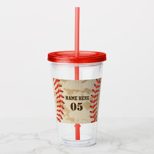 Personalised Vintage Baseball Name Number Retro Acrylic Tumbler (Front)