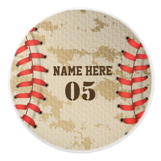 Personalised Vintage Baseball Name Number Retro Ceramic Knob (Front)