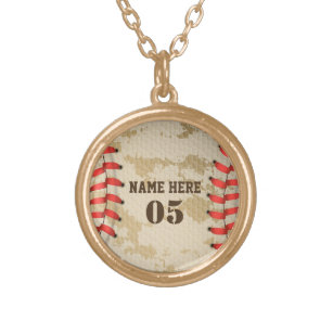 Personalised Vintage Baseball Name Number Retro Gold Plated Necklace
