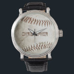Personalised Vintage Baseball Watch<br><div class="desc">A photo of a worn baseball provides the background for this personalised watch,  featuring a customisable name in distressed font in a shade of reddish brown that matches the stitching. Ideal for the baseball or sports fan on your gift list.</div>