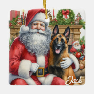 Personalised Vintage Belgian Malinois with Santa Ceramic Ornament