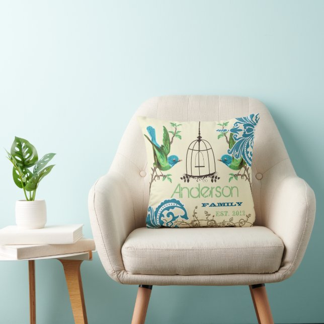 Personalised Vintage Bird Birdcage Damask Cushion (Chair)