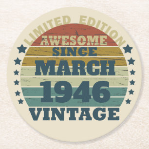Personalised vintage birthday gift round paper coaster