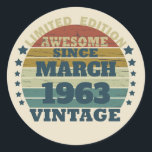 Personalised vintage birthday gifts classic round sticker<br><div class="desc">This vintage classic graphic design with awesome typography font lettering can add originality to your wardrobe collection. It is a great gift idea for men, women, husbands, wives, grandmas, and grandpas who will love this one-of-a-kind artwork. It is the best and most funny holiday present for your happy birthday party....</div>