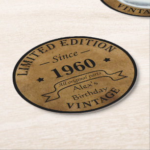 Personalised vintage birthday gifts round paper coaster