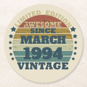 Personalised vintage birthday gifts round paper coaster