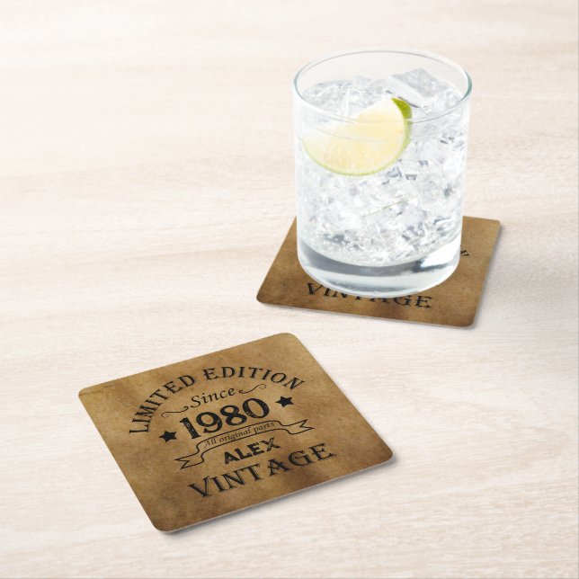 Personalised vintage birthday gifts square paper coaster (Insitu)