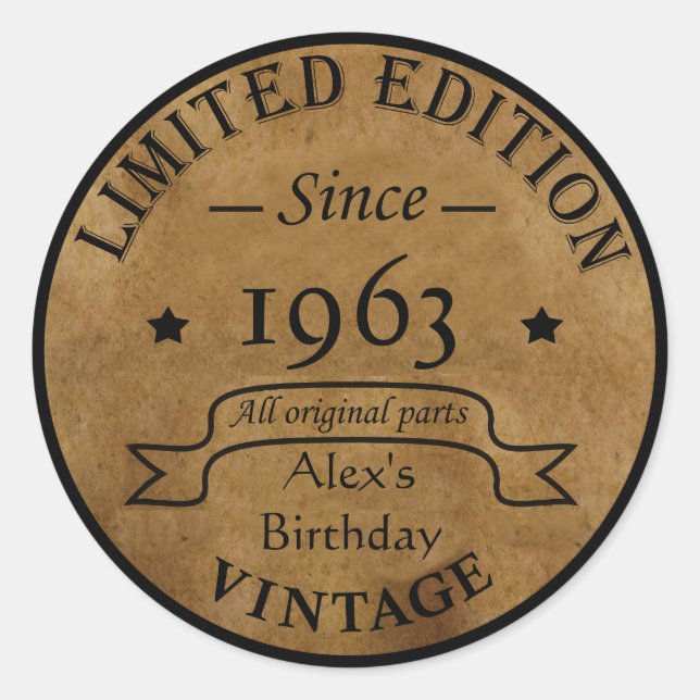 Personalised vintage birthday party classic round sticker (Front)