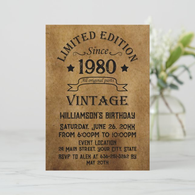 Personalised vintage birthday party invitation (Standing Front)