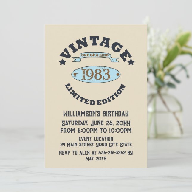 Personalised vintage birthday party invitation (Standing Front)