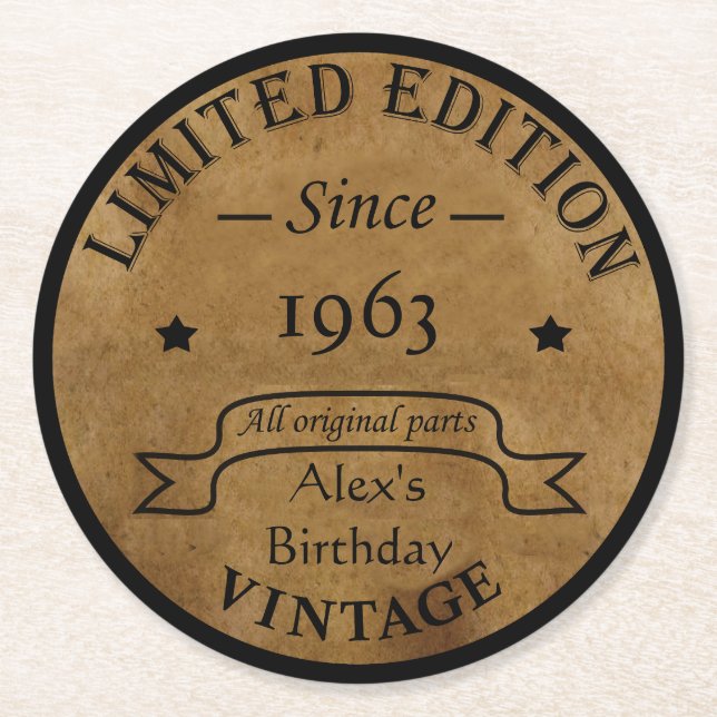Personalised vintage birthday party round paper coaster (Front)