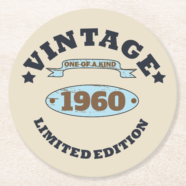 Personalised vintage birthday party round paper coaster (Front)