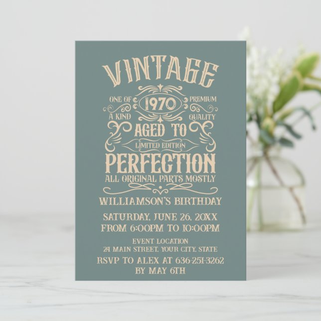 Personalised vintage birthday party whiskey label invitation (Standing Front)