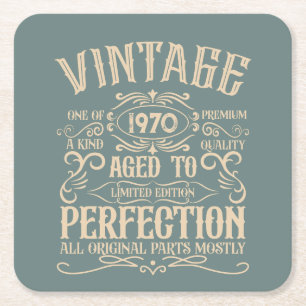 Personalised vintage birthday whiskey label themed square paper coaster