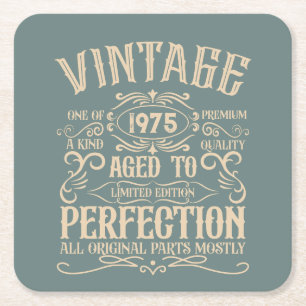 Personalised vintage birthday whiskey label themed square paper coaster