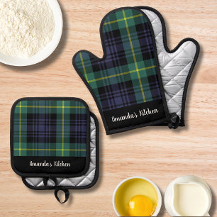 Personalised Vintage Blue and Green Plaid Pattern  Oven Mitt & Pot Holder Set