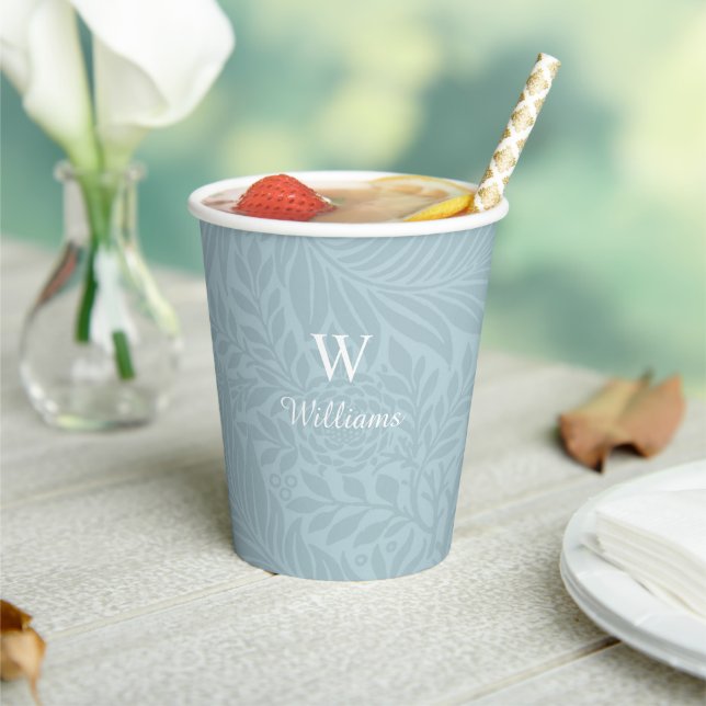 Personalised Vintage Blue Floral Monogram Paper Cups (Insitu)