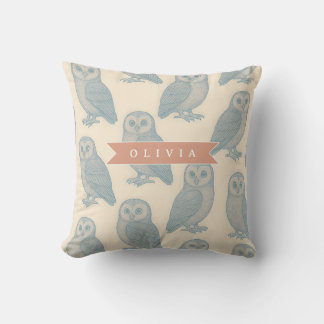 Personalised Vintage Blue Owl Woodland Cottagecore Cushion