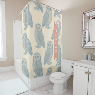 Personalised Vintage Blue Owl Woodland Cottagecore Shower Curtain
