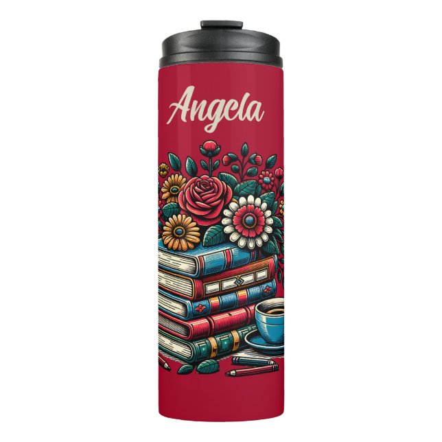 Personalised Vintage Books, Coffee and Flowers Thermal Tumbler (Front)